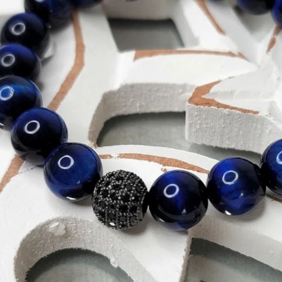 10mm Polished Dark Blue Tiger Eye Crystal Ball Stretch Bracelet - Picture 5 of 11